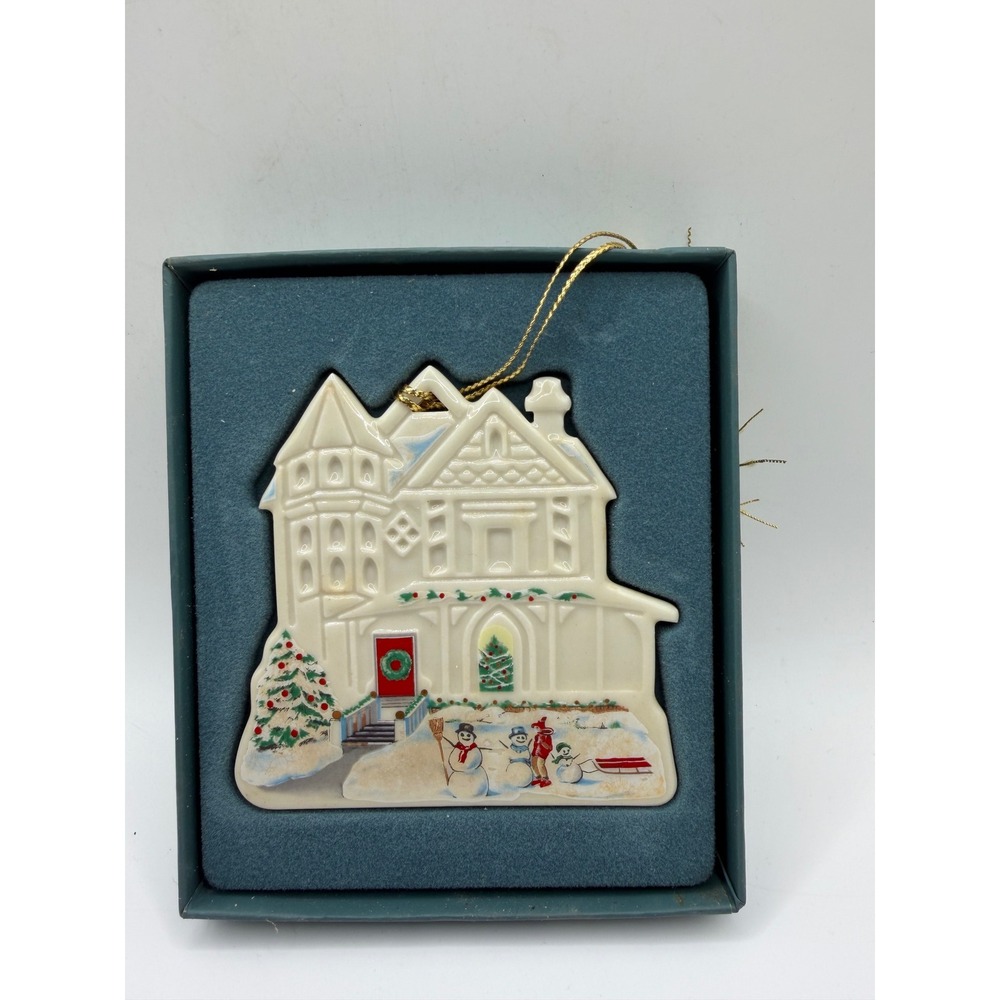 Victorian House Christmas Ornament Ceramic Winter Snowman Scene Cream Red Green